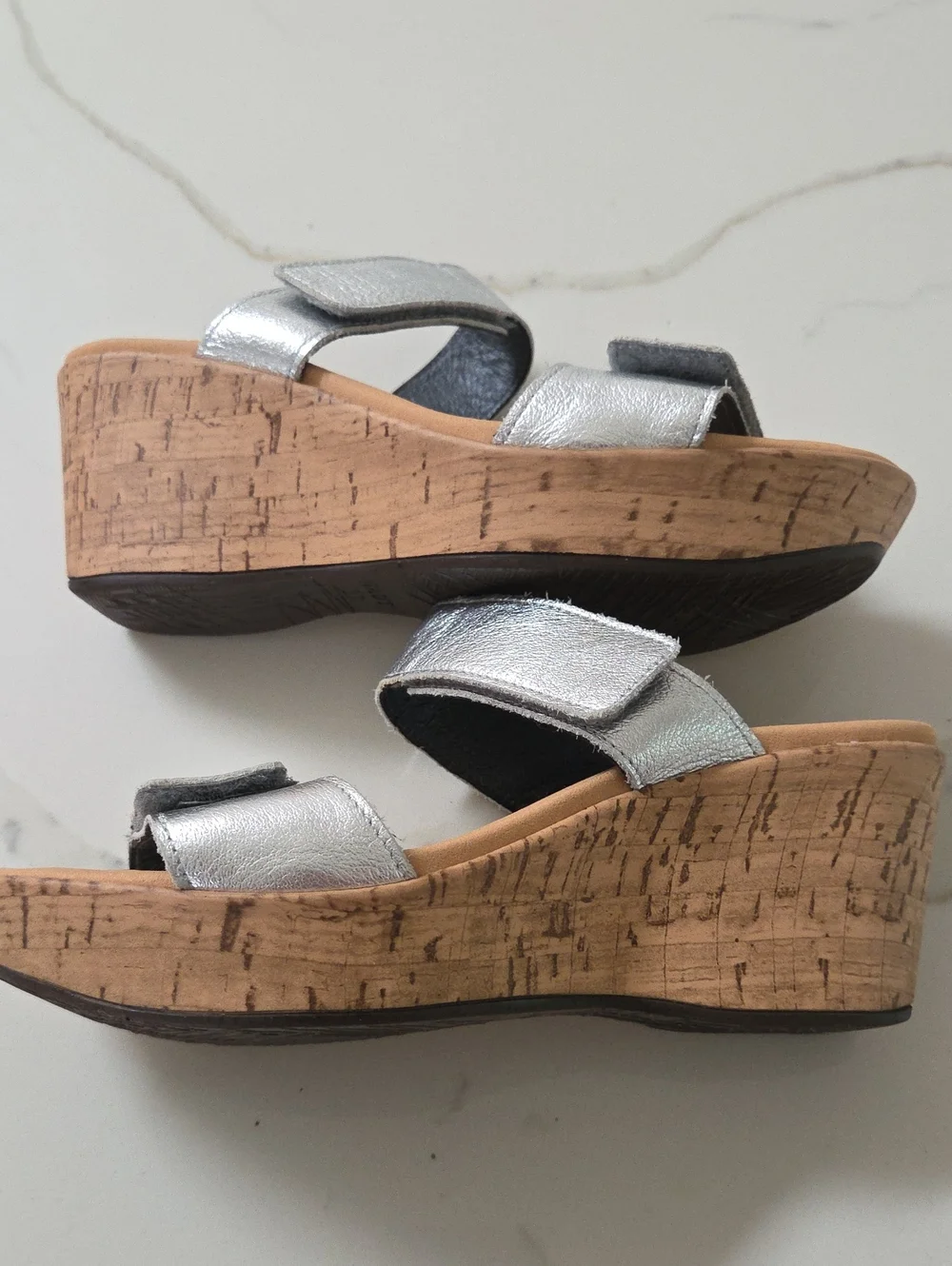NAOT Leather Silver Cork Wedge Sandals with Double Straps, Size 6 Worn Once!